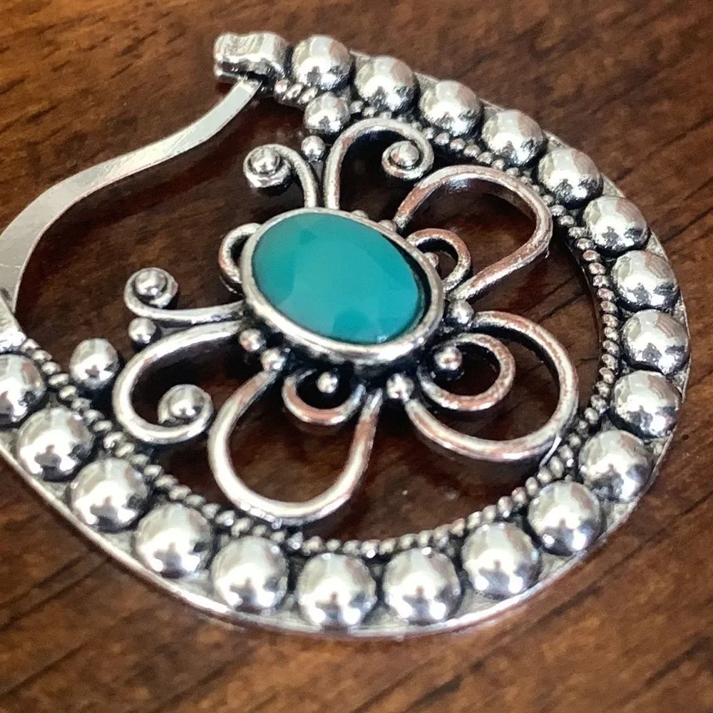 Balinese Style Openwork Hoop Earrings in Silver Tone with Turquoise Accents
